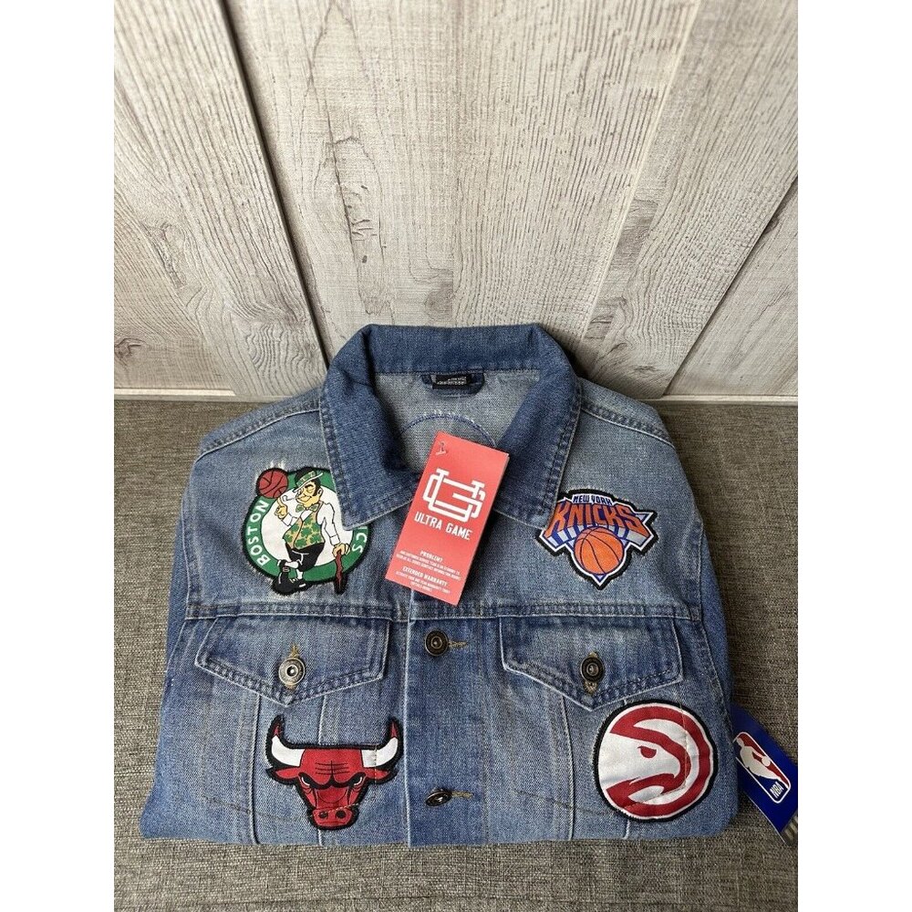 NBA Global Stores Mens Blue Denim Jacket Size Medium Team Stitched Logo Patches - Picture 3 of 14